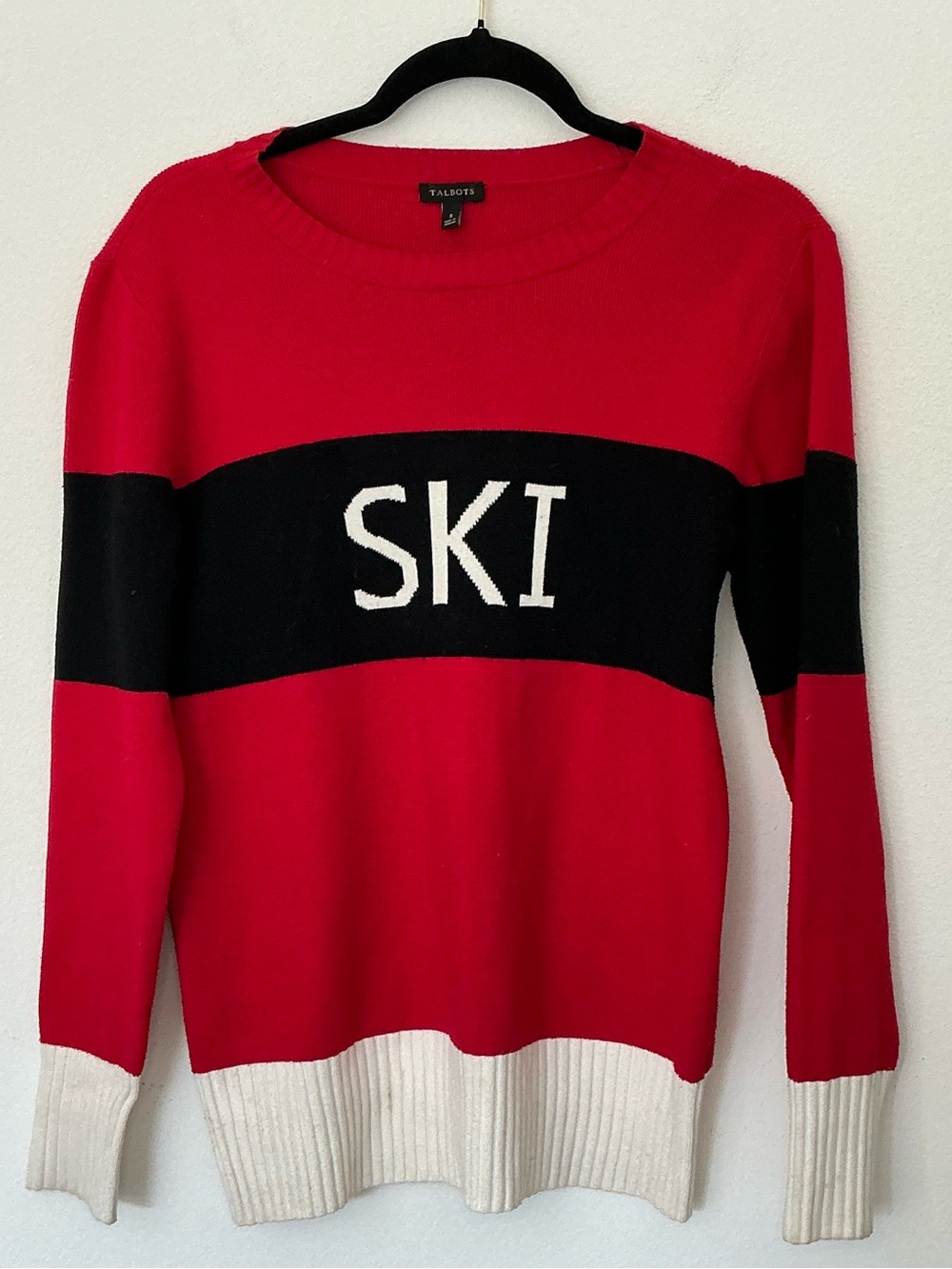 Talbots SKI Colorblock Crewneck Sweater Red Black Winter Knit Women’s Small